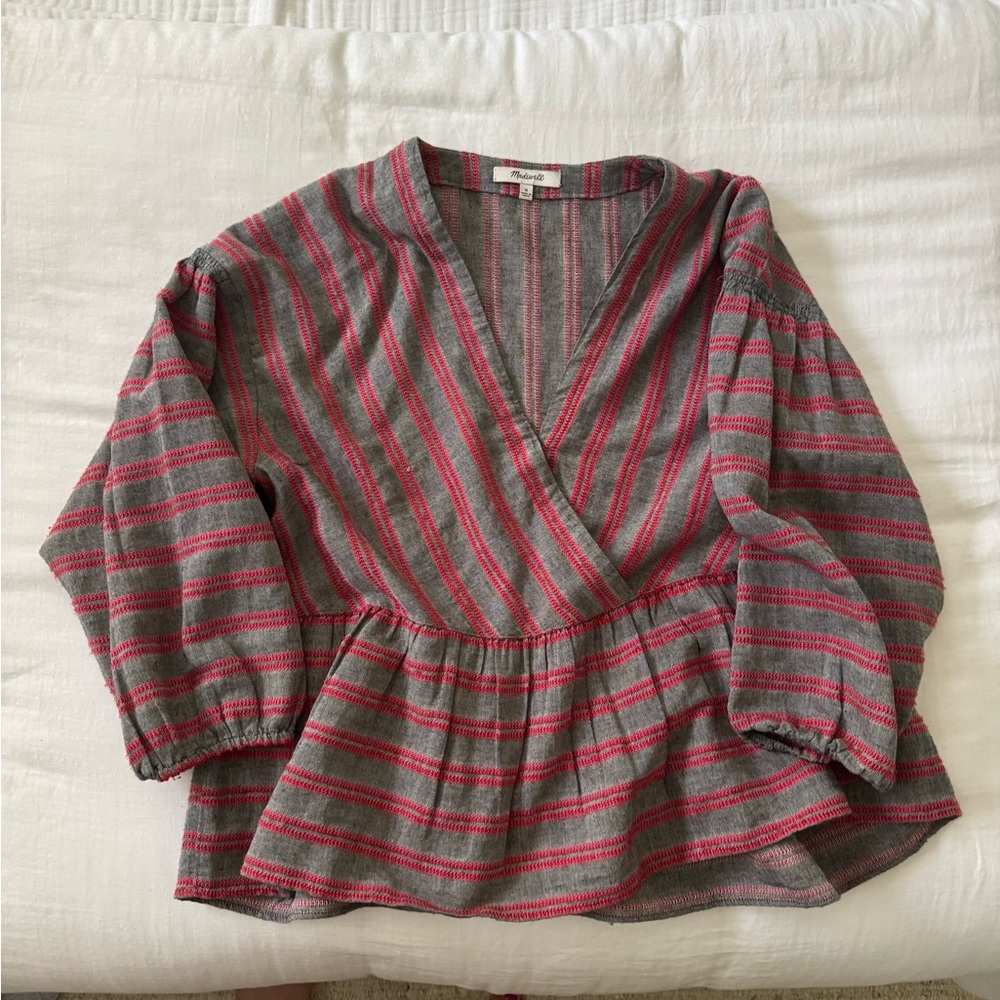 Striped Gray and Red Women's Peplum Top